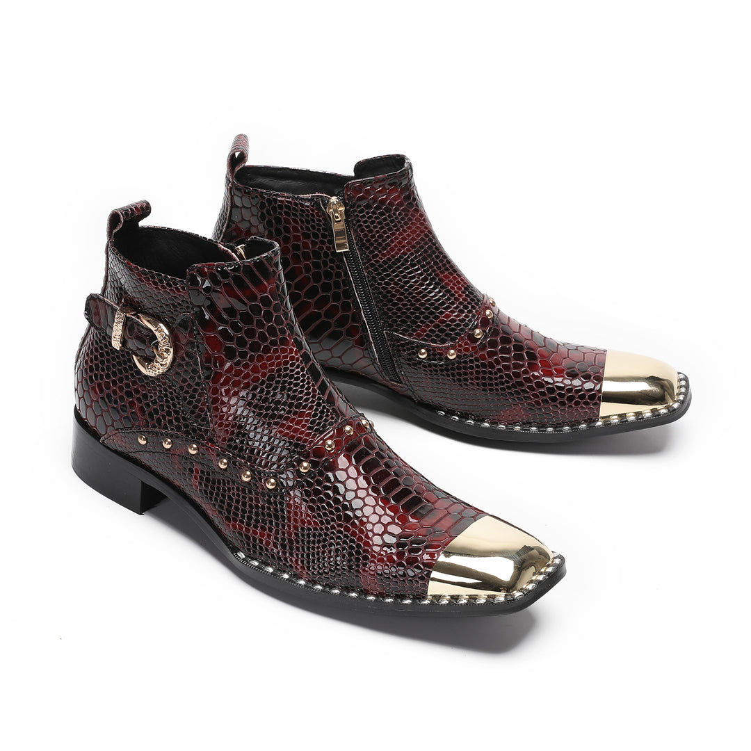 Mens Genuine Leather Snakeskin Texture Metal Square Toe Beads Western Boots