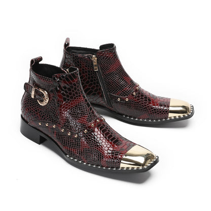 Mens Genuine Leather Snakeskin Texture Metal Square Toe Beads Western Boots