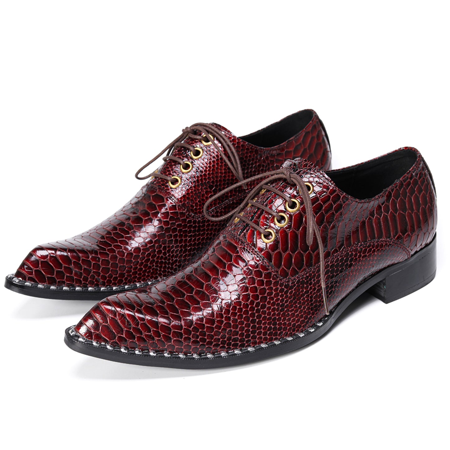 Mens Top-Grain Leather Burgundy Red Snakeskin-Embossed Oxfords Shoes