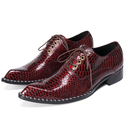Mens Top-Grain Leather Burgundy Red Snakeskin-Embossed Oxfords Shoes