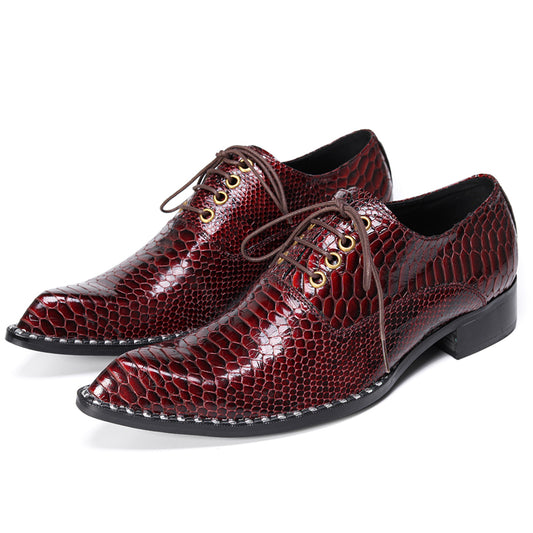 Mens Top-Grain Leather Burgundy Red Snakeskin-Embossed Oxfords Shoes