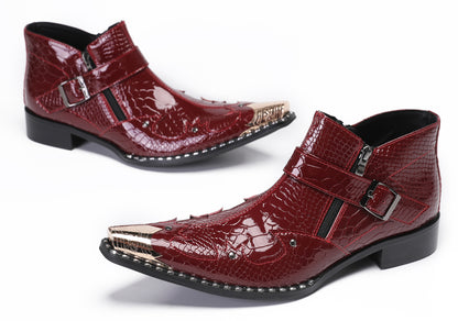 Mens Snakeskin Texture Metal Toe Double Zipper Ankle Western Boots