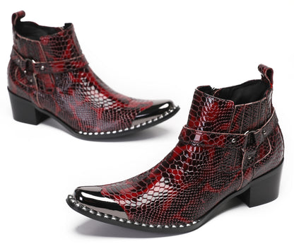 Mens Metal Square Toe Snakeskin Texture Ankle Western Boots