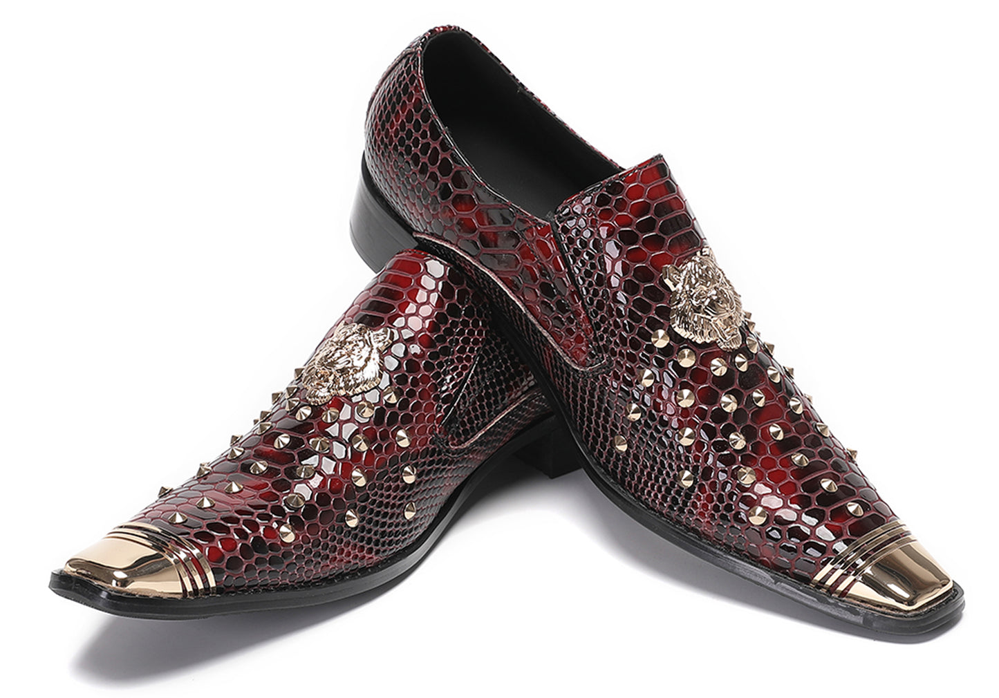 Mens Genuine Leather Snake Skin Texture Gold Glitter Beaded Western Loafers