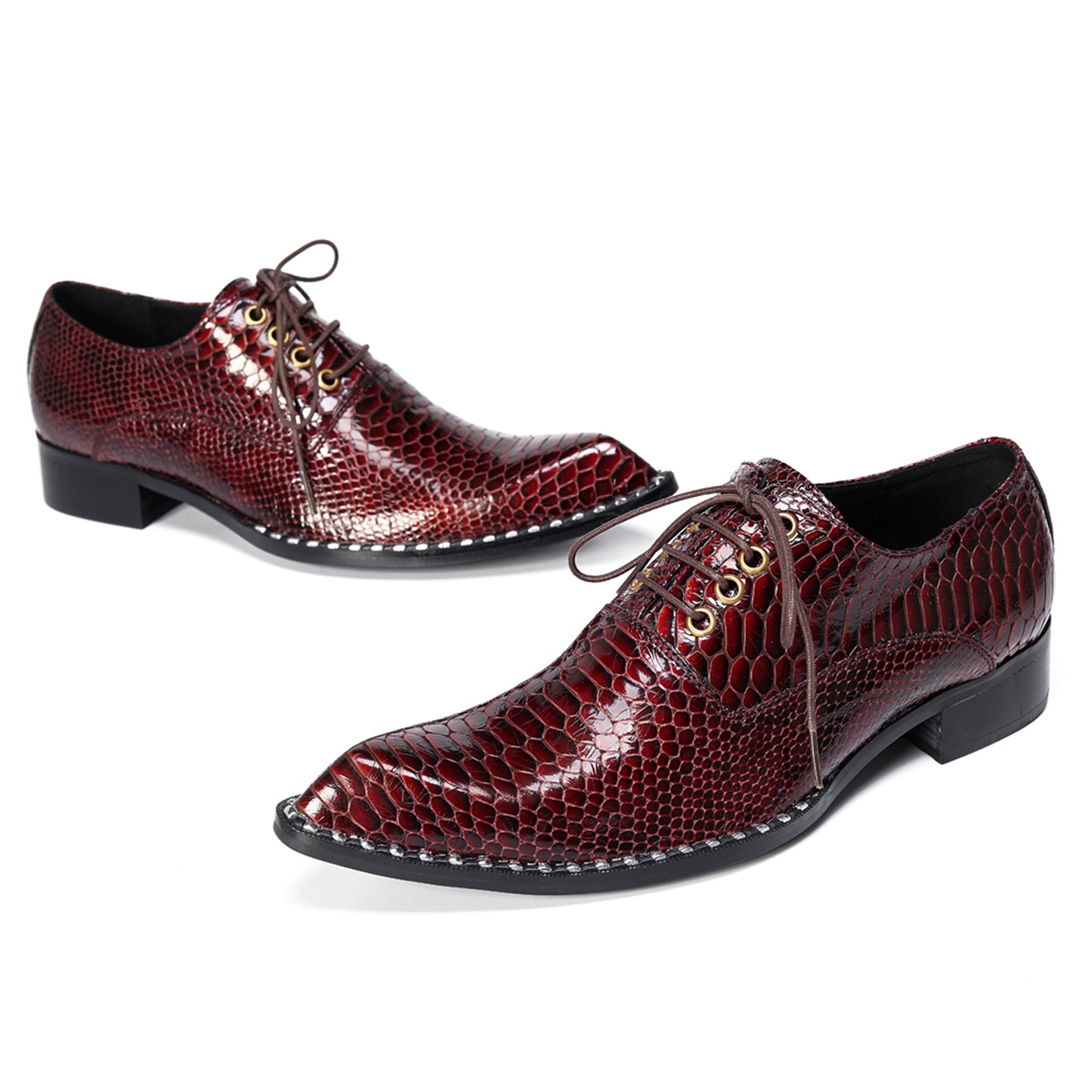 Mens Top-Grain Leather Burgundy Red Snakeskin-Embossed Oxfords Shoes