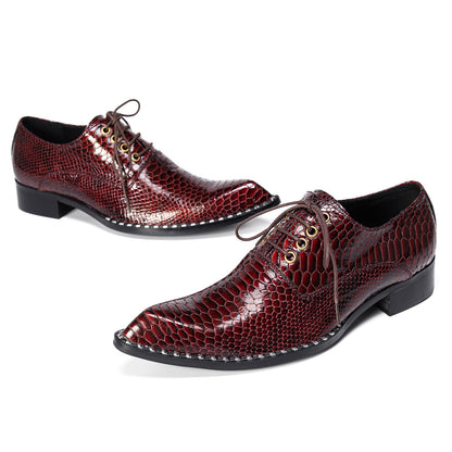 Mens Top-Grain Leather Burgundy Red Snakeskin-Embossed Oxfords Shoes