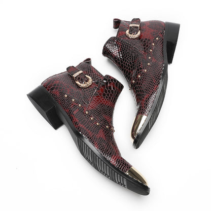 Mens Genuine Leather Snakeskin Texture Metal Square Toe Beads Western Boots