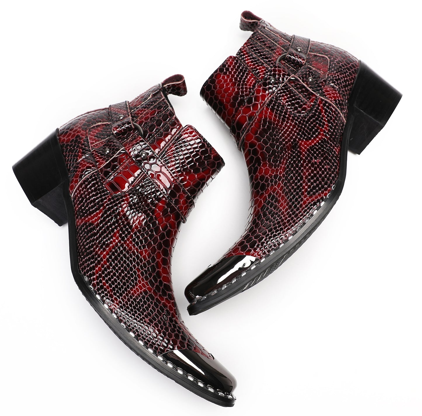 Mens Metal Square Toe Snakeskin Texture Ankle Western Boots