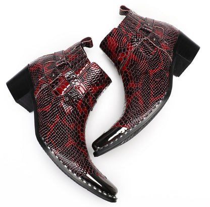Mens Metal Square Toe Snakeskin Texture Ankle Western Boots