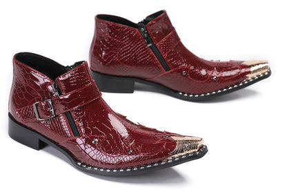 Mens Snakeskin Texture Metal Toe Double Zipper Ankle Western Boots