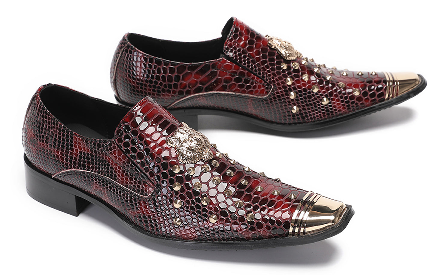 Mens Genuine Leather Snake Skin Texture Gold Glitter Beaded Western Loafers