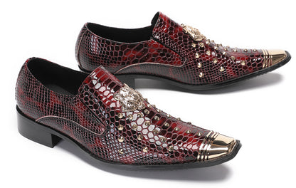Mens Genuine Leather Snake Skin Texture Gold Glitter Beaded Western Loafers