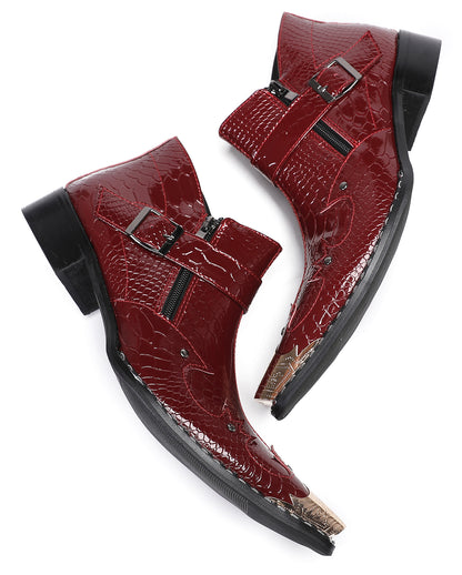 Mens Snakeskin Texture Metal Toe Double Zipper Ankle Western Boots