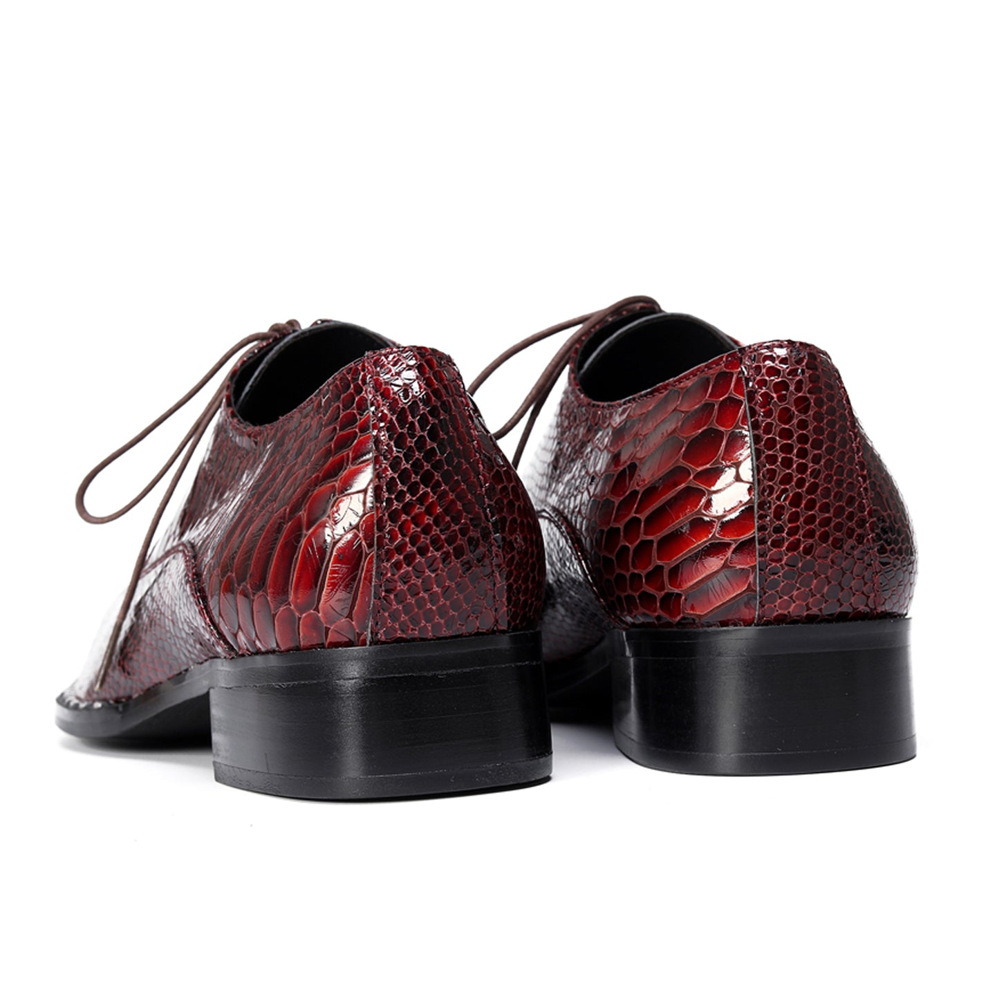 Mens Top-Grain Leather Burgundy Red Snakeskin-Embossed Oxfords Shoes