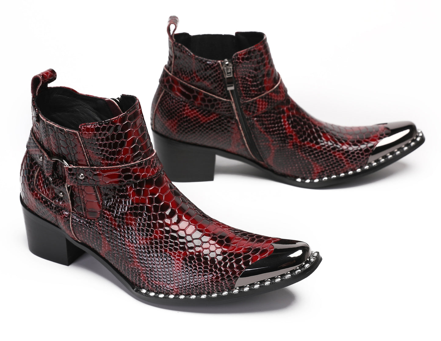 Mens Metal Square Toe Snakeskin Texture Ankle Western Boots
