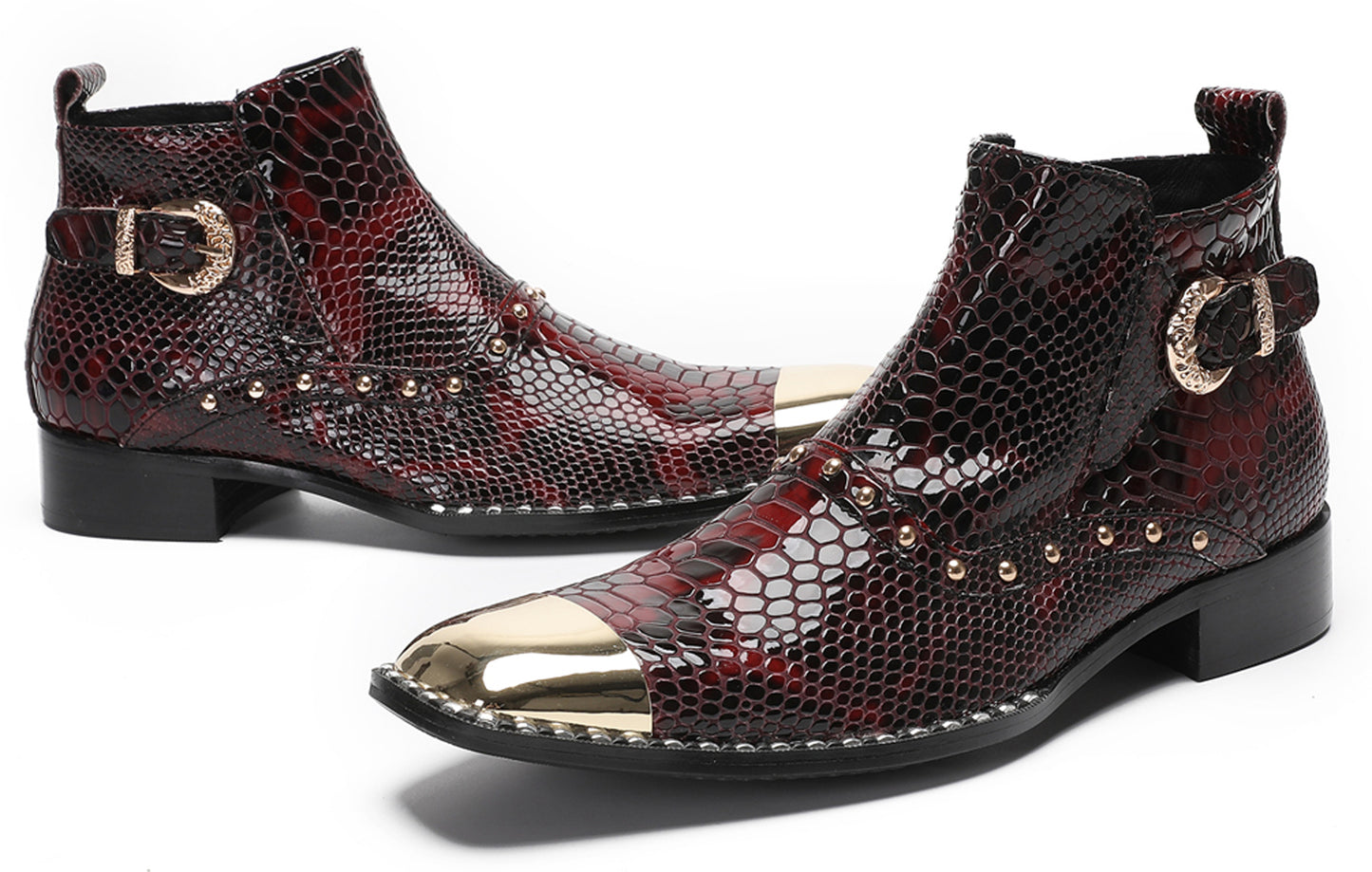 Mens Genuine Leather Snakeskin Texture Metal Square Toe Beads Western Boots