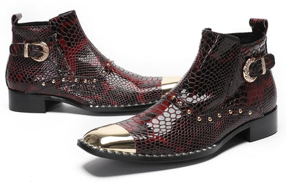 Mens Genuine Leather Snakeskin Texture Metal Square Toe Beads Western Boots