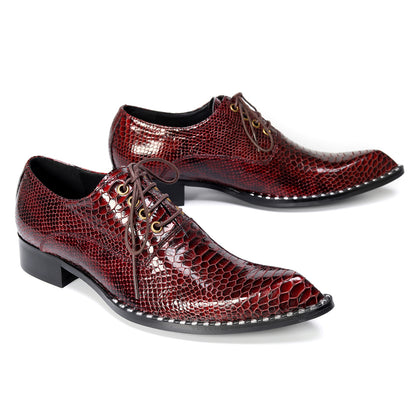 Mens Top-Grain Leather Burgundy Red Snakeskin-Embossed Oxfords Shoes