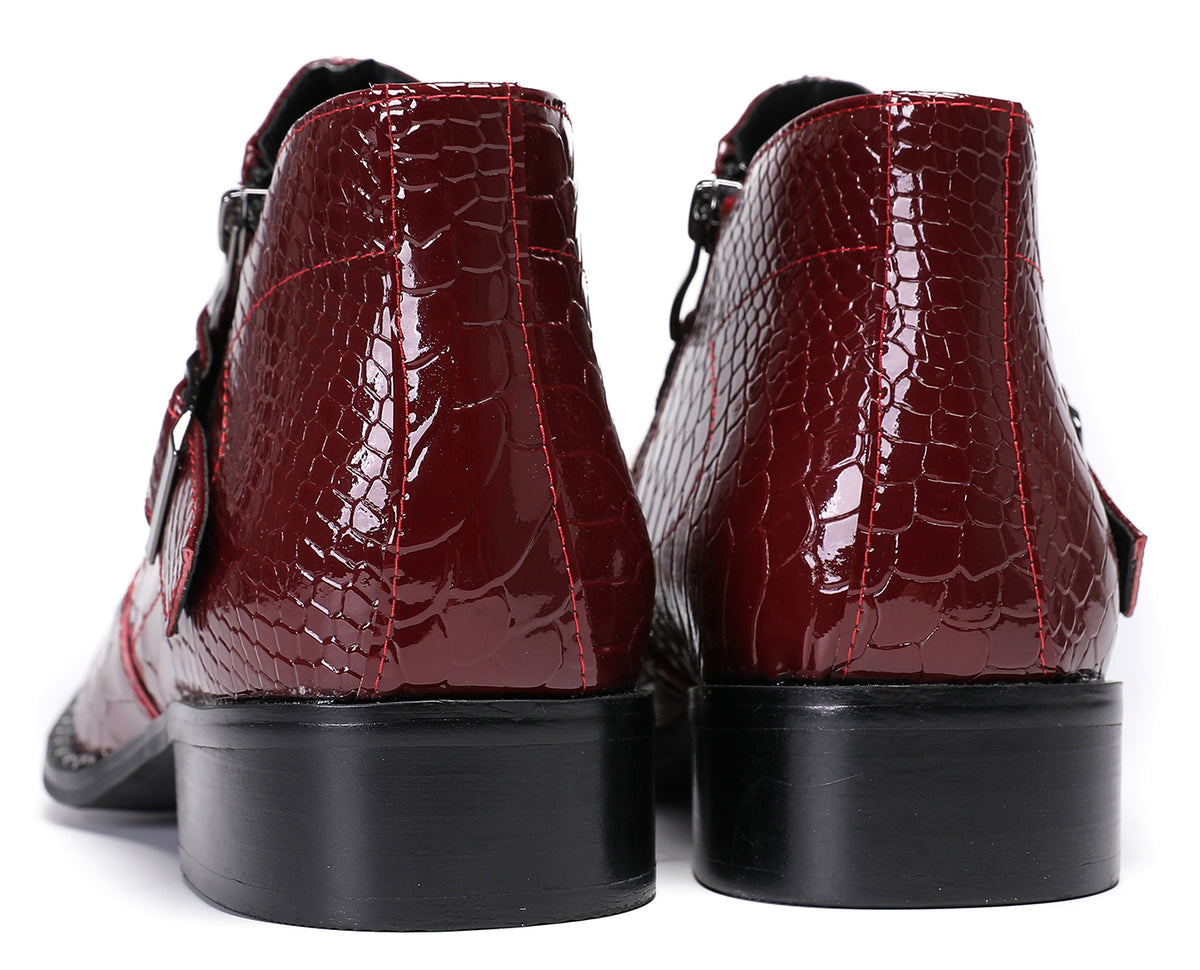 Mens Snakeskin Texture Metal Toe Double Zipper Ankle Western Boots