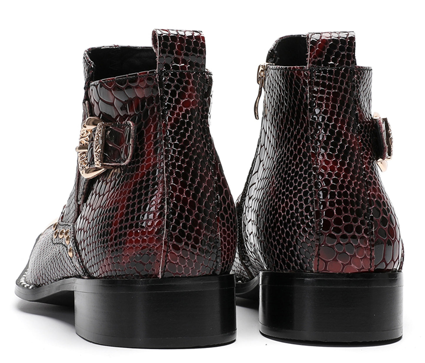Mens Genuine Leather Snakeskin Texture Metal Square Toe Beads Western Boots