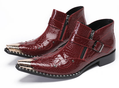 Mens Snakeskin Texture Metal Toe Double Zipper Ankle Western Boots
