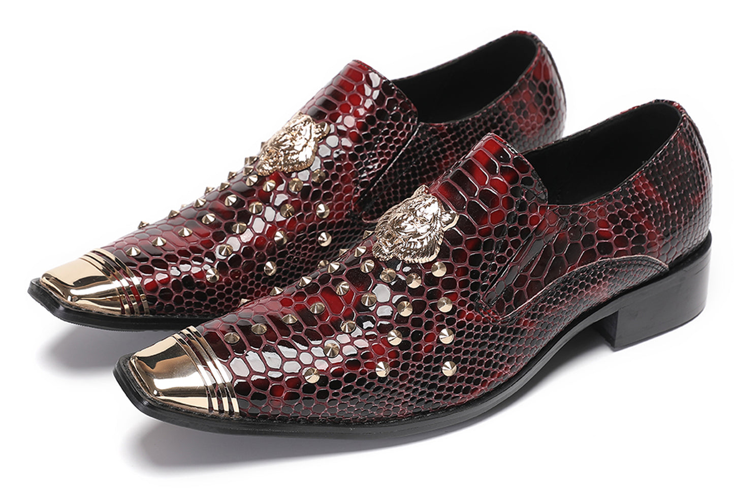 Mens Genuine Leather Snake Skin Texture Gold Glitter Beaded Western Loafers