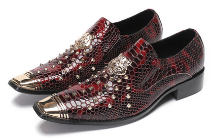 Mens Genuine Leather Snake Skin Texture Gold Glitter Beaded Western Loafers