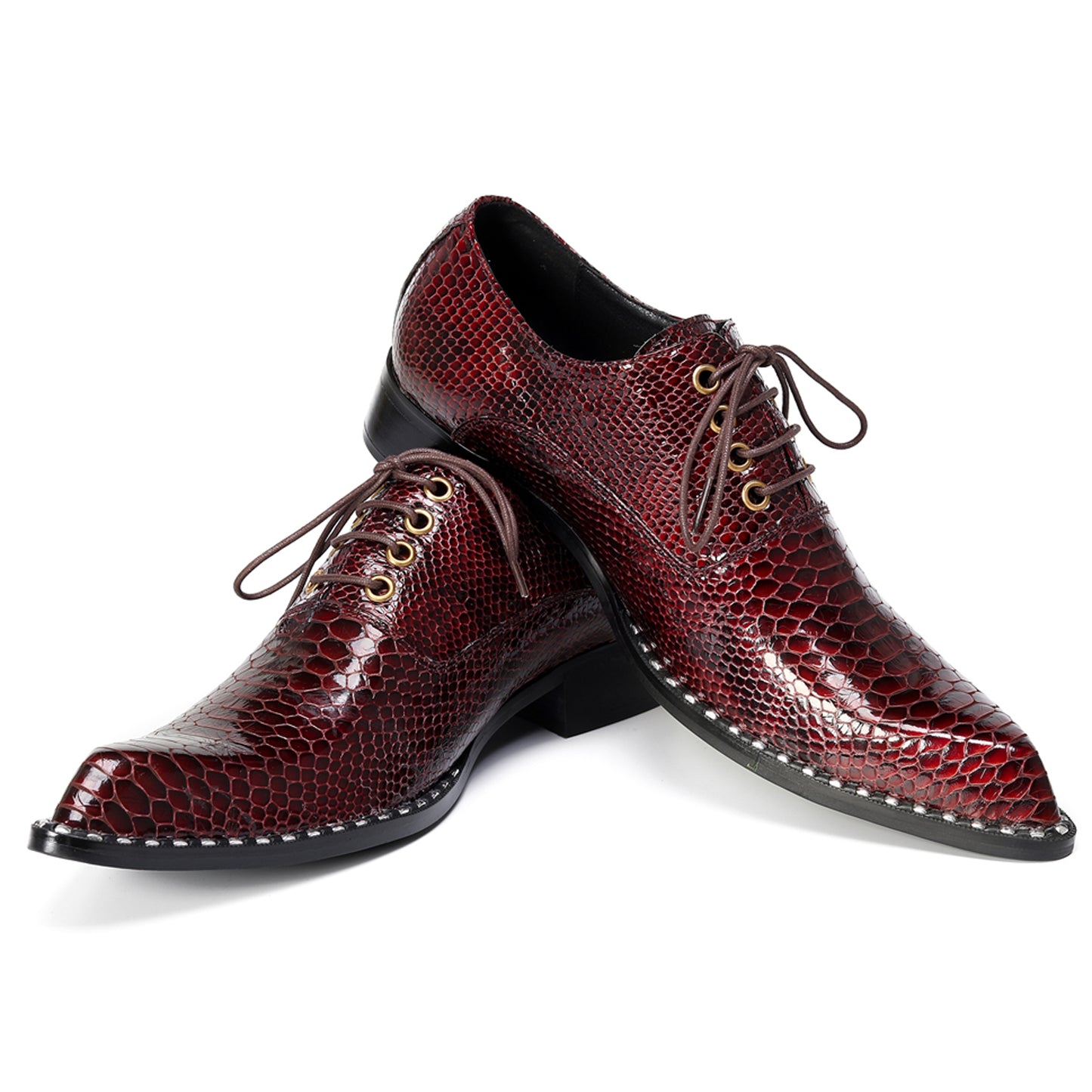 Mens Top-Grain Leather Burgundy Red Snakeskin-Embossed Oxfords Shoes