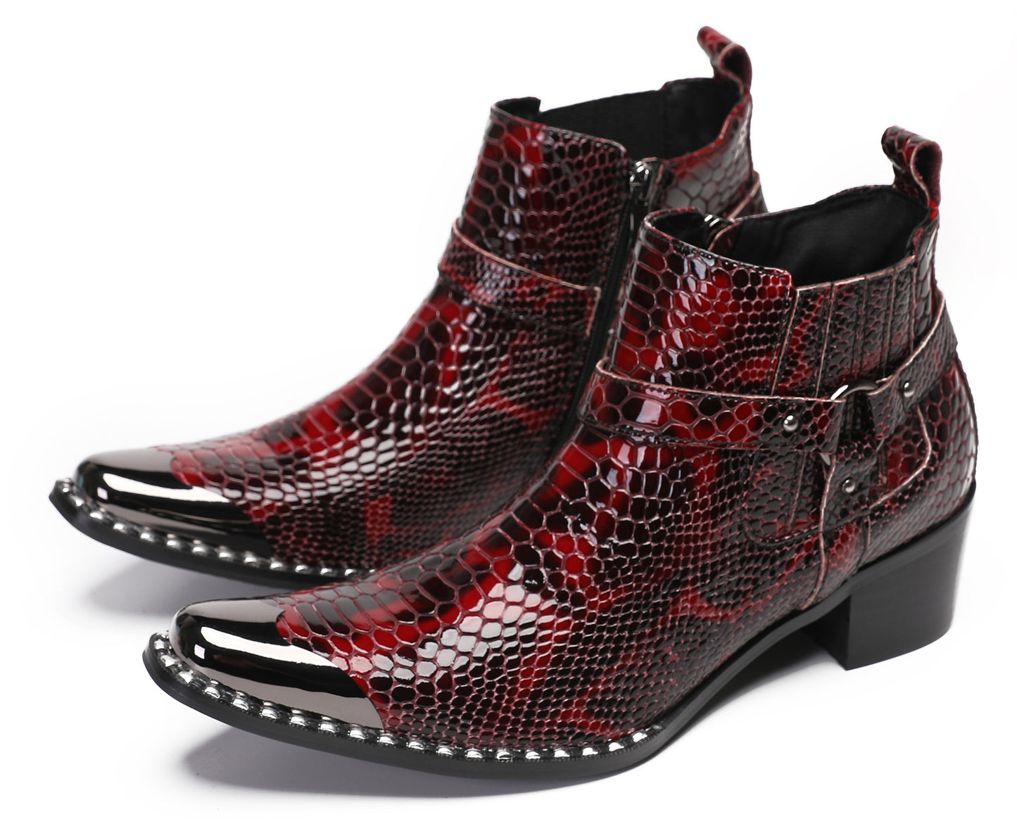 Mens Metal Square Toe Snakeskin Texture Ankle Western Boots