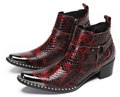 Mens Metal Square Toe Snakeskin Texture Ankle Western Boots