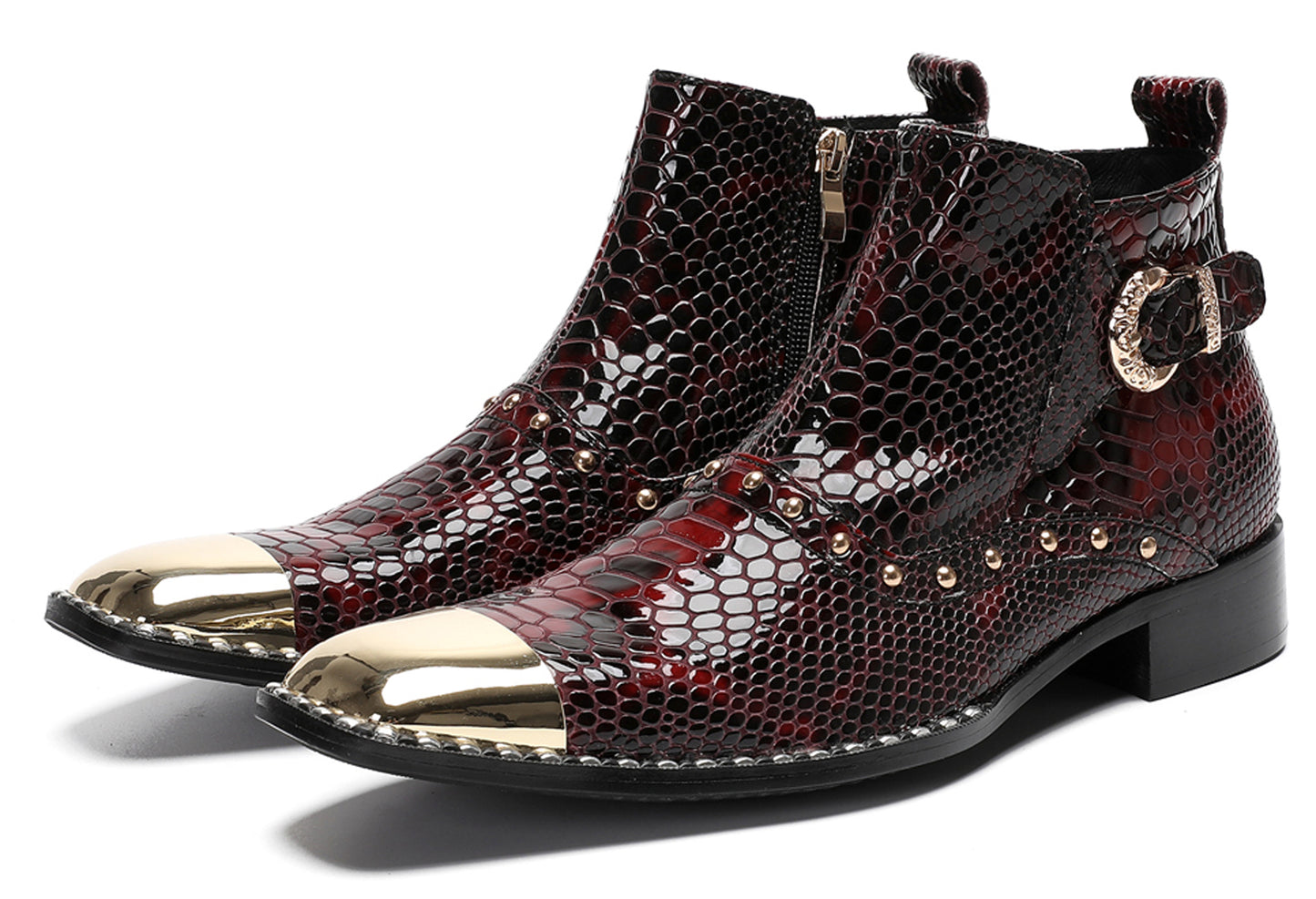 Mens Genuine Leather Snakeskin Texture Metal Square Toe Beads Western Boots