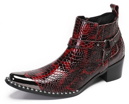 Mens Metal Square Toe Snakeskin Texture Ankle Western Boots
