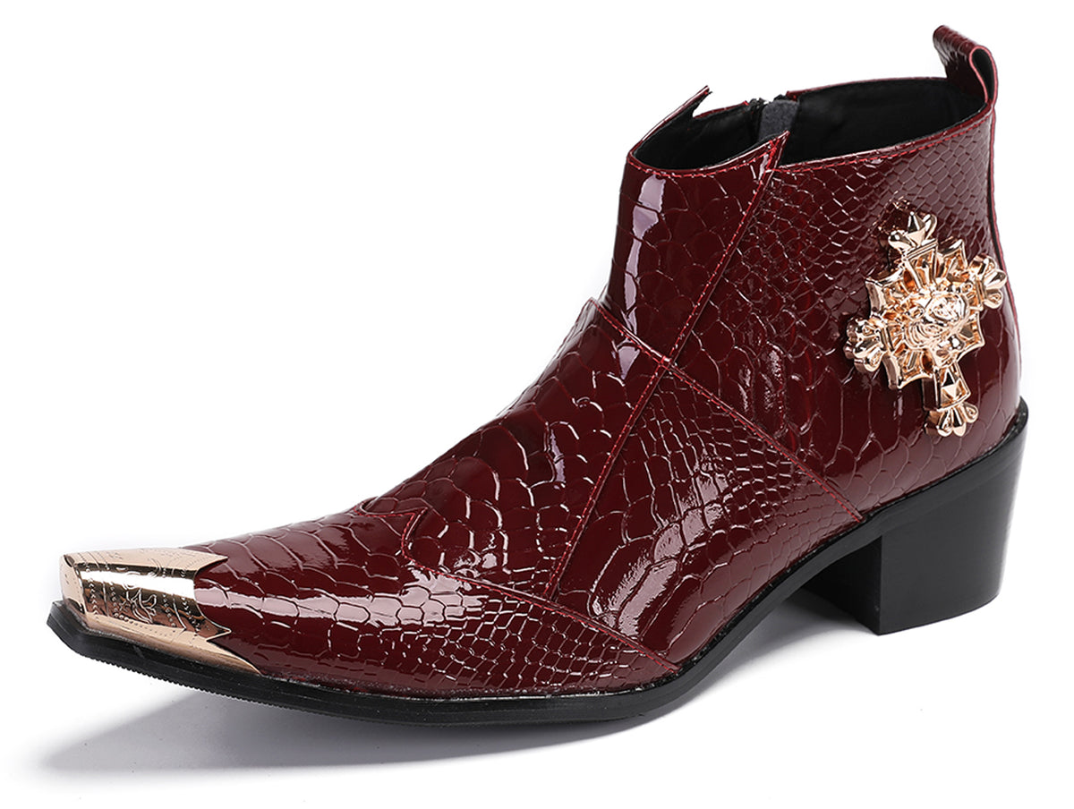 Mens Genuine Leather Snakeskin Pattern Metal Toe Zipper Ankle Western Boots