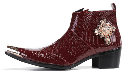 Mens Genuine Leather Snakeskin Pattern Metal Toe Zipper Ankle Western Boots