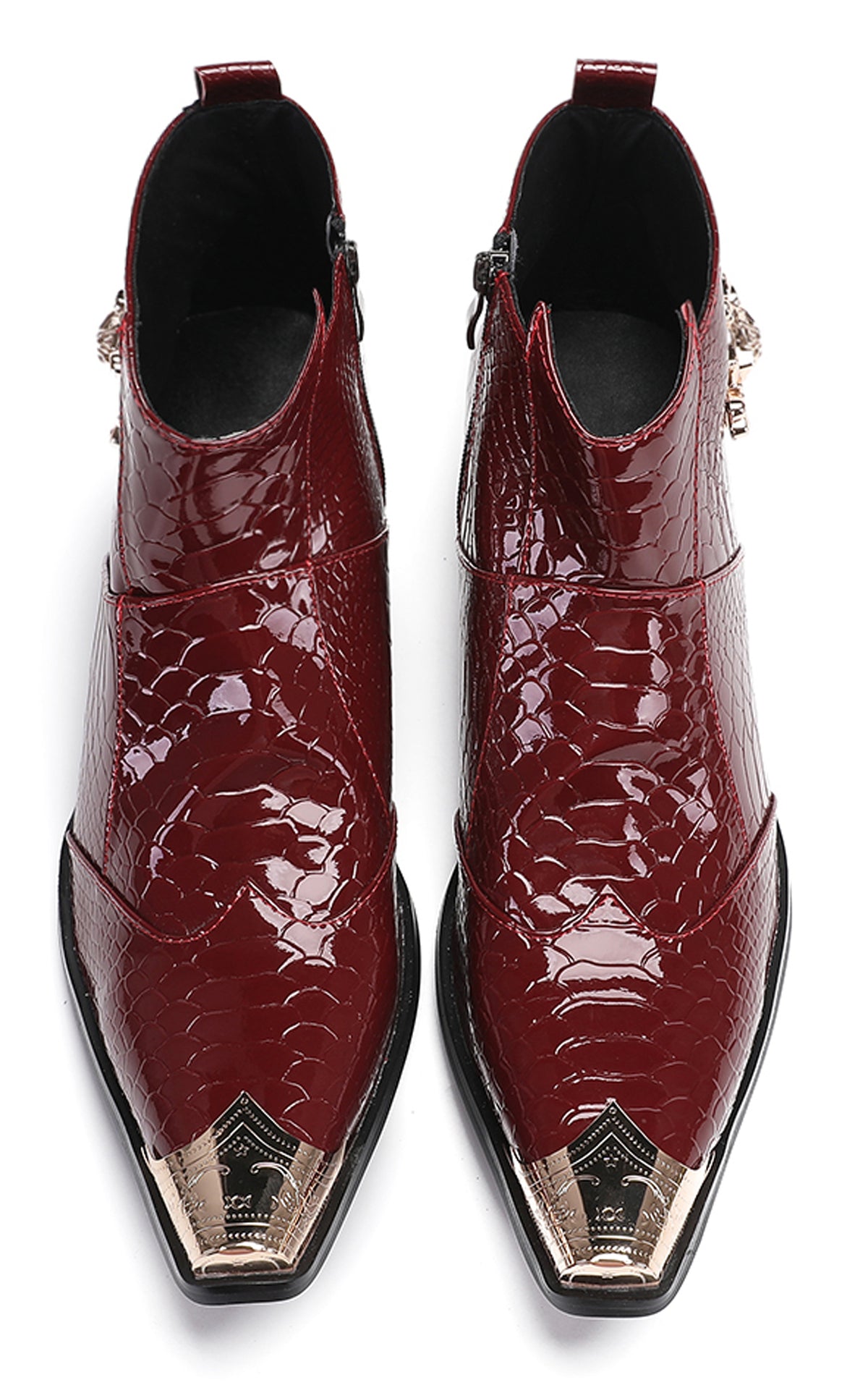 Mens Genuine Leather Snakeskin Pattern Metal Toe Zipper Ankle Western Boots