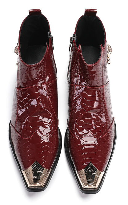 Mens Genuine Leather Snakeskin Pattern Metal Toe Zipper Ankle Western Boots