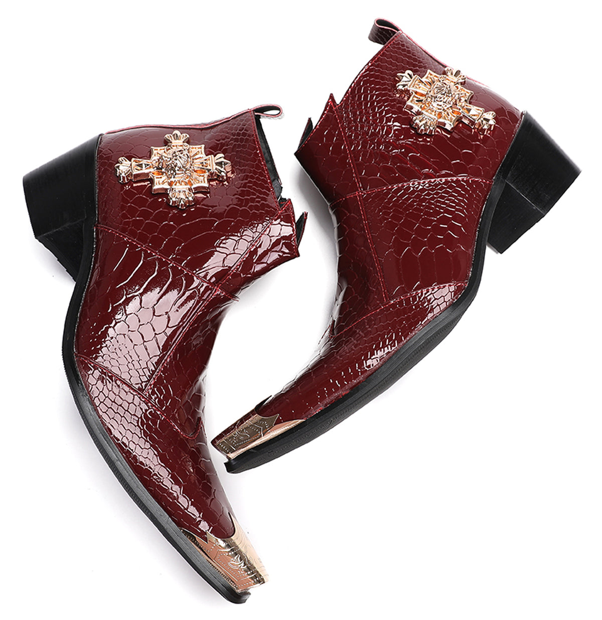 Mens Genuine Leather Snakeskin Pattern Metal Toe Zipper Ankle Western Boots
