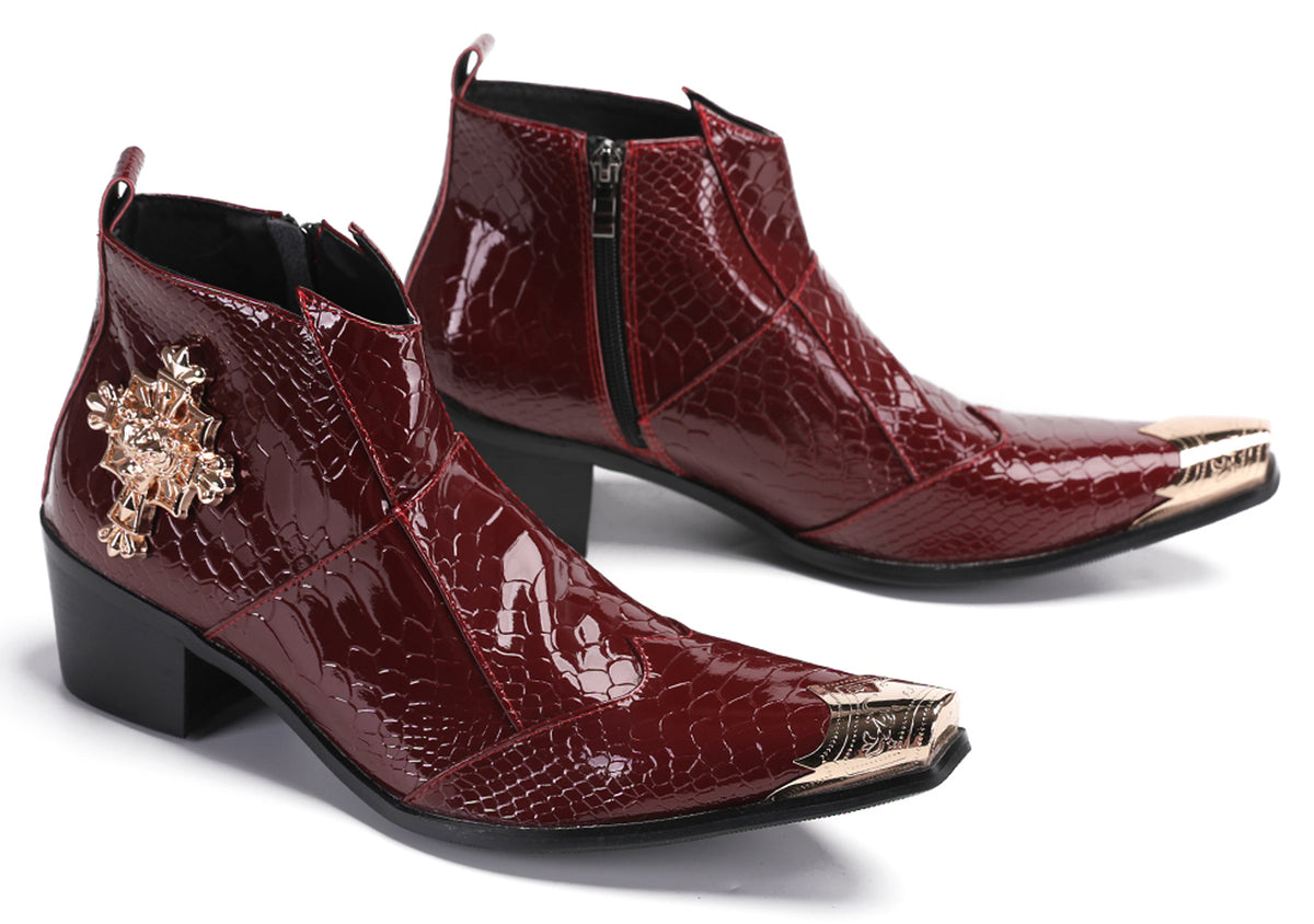 Mens Genuine Leather Snakeskin Pattern Metal Toe Zipper Ankle Western Boots