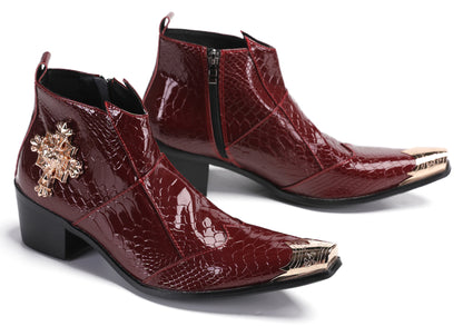 Mens Genuine Leather Snakeskin Pattern Metal Toe Zipper Ankle Western Boots