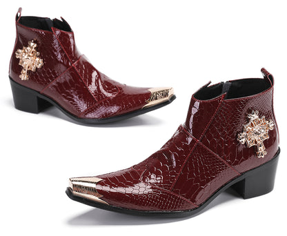 Mens Genuine Leather Snakeskin Pattern Metal Toe Zipper Ankle Western Boots