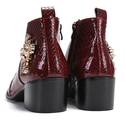 Mens Genuine Leather Snakeskin Pattern Metal Toe Zipper Ankle Western Boots