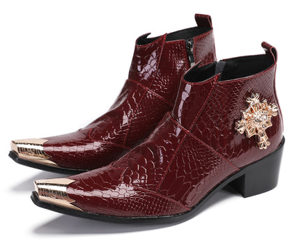 Mens Genuine Leather Snakeskin Pattern Metal Toe Zipper Ankle Western Boots