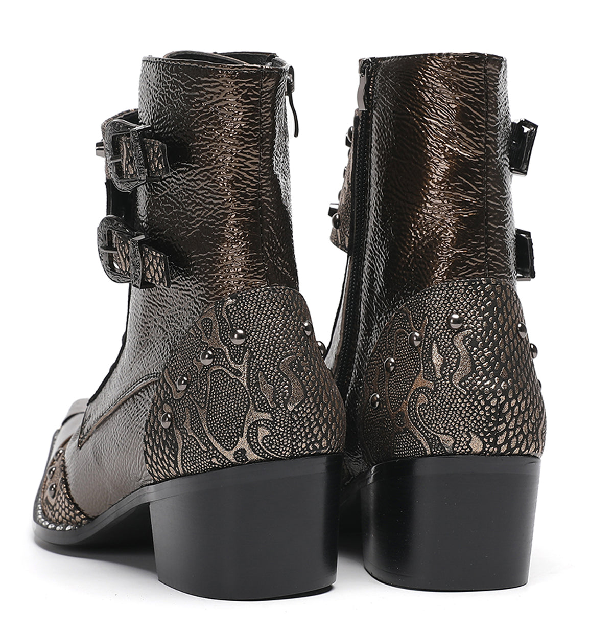 Mens Genuine Leather Metal Wingtip Toe Buckle Bead Details Cowboy Western Boots
