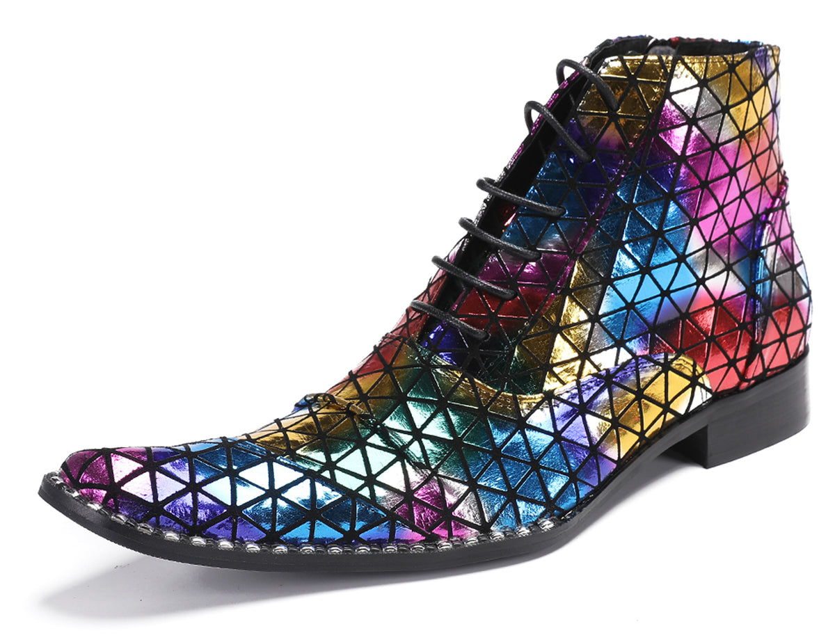 Mens Genuine Leather Colorful Plaid Gold Cowboy Western Boots