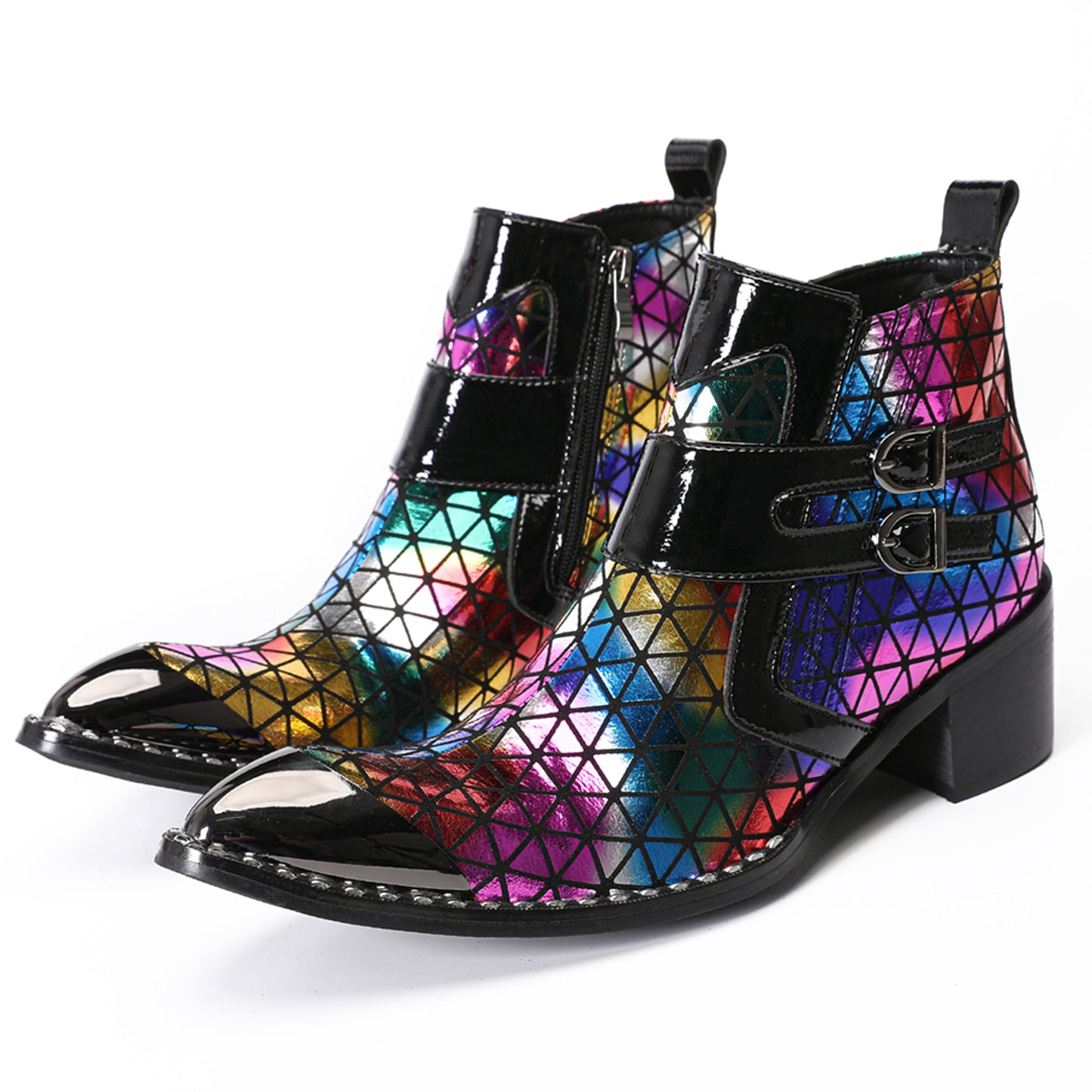 Mens Colorful Geometric Leather Buckle Zip Ankle Western Boots