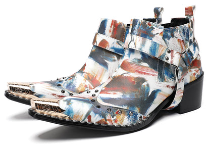 Mens Metallic Detail Snakeskin Abstract Print Ankle Western Boots