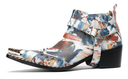 Mens Metallic Detail Snakeskin Abstract Print Ankle Western Boots