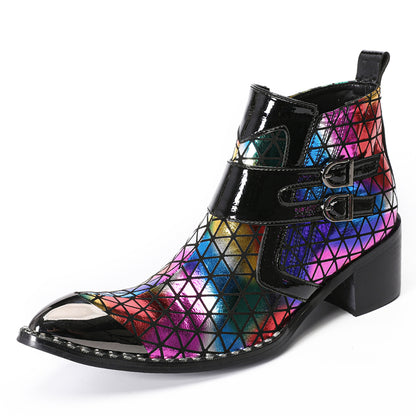 Mens Colorful Geometric Leather Buckle Zip Ankle Western Boots