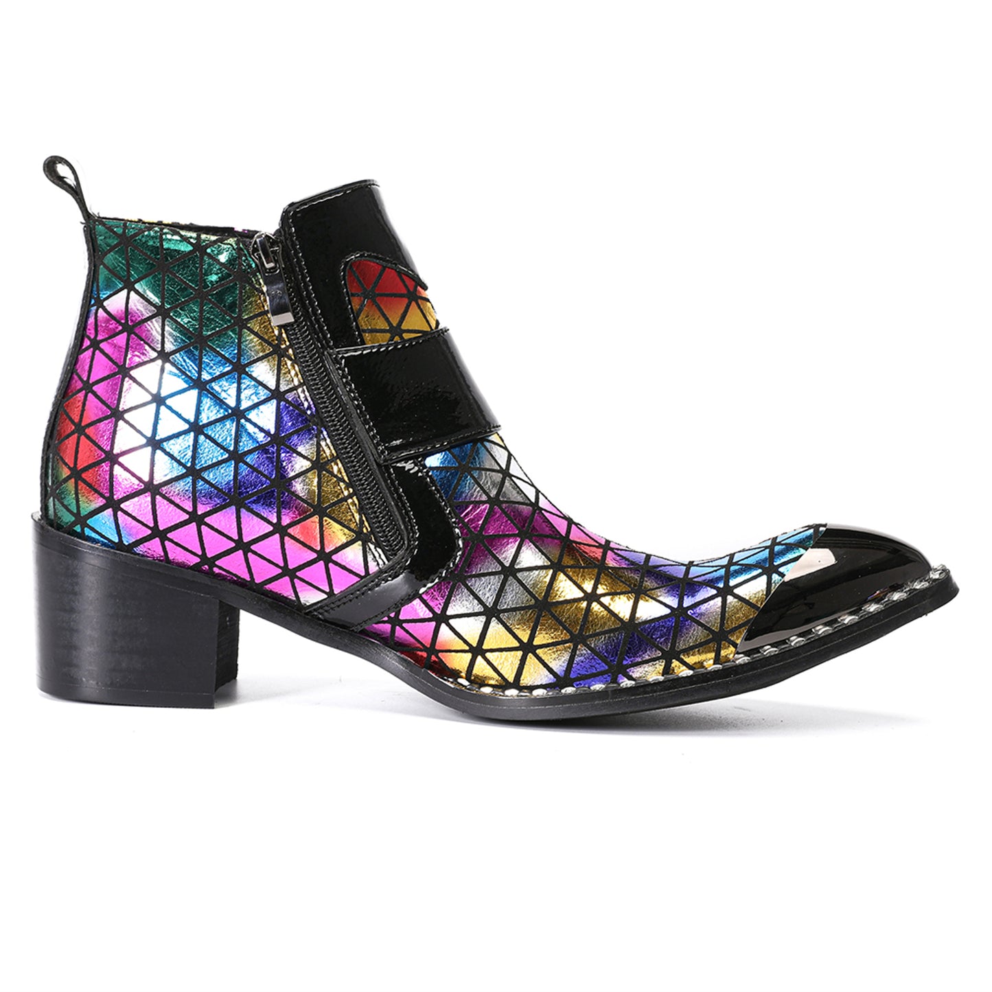 Mens Colorful Geometric Leather Buckle Zip Ankle Western Boots