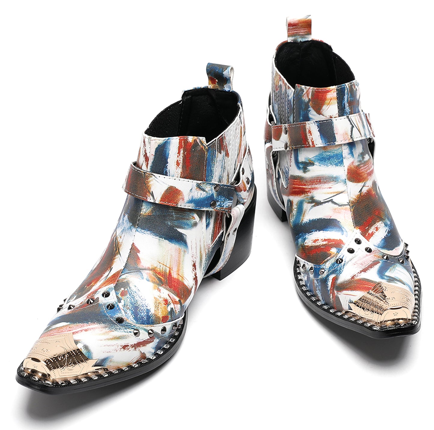Mens Metallic Detail Snakeskin Abstract Print Ankle Western Boots